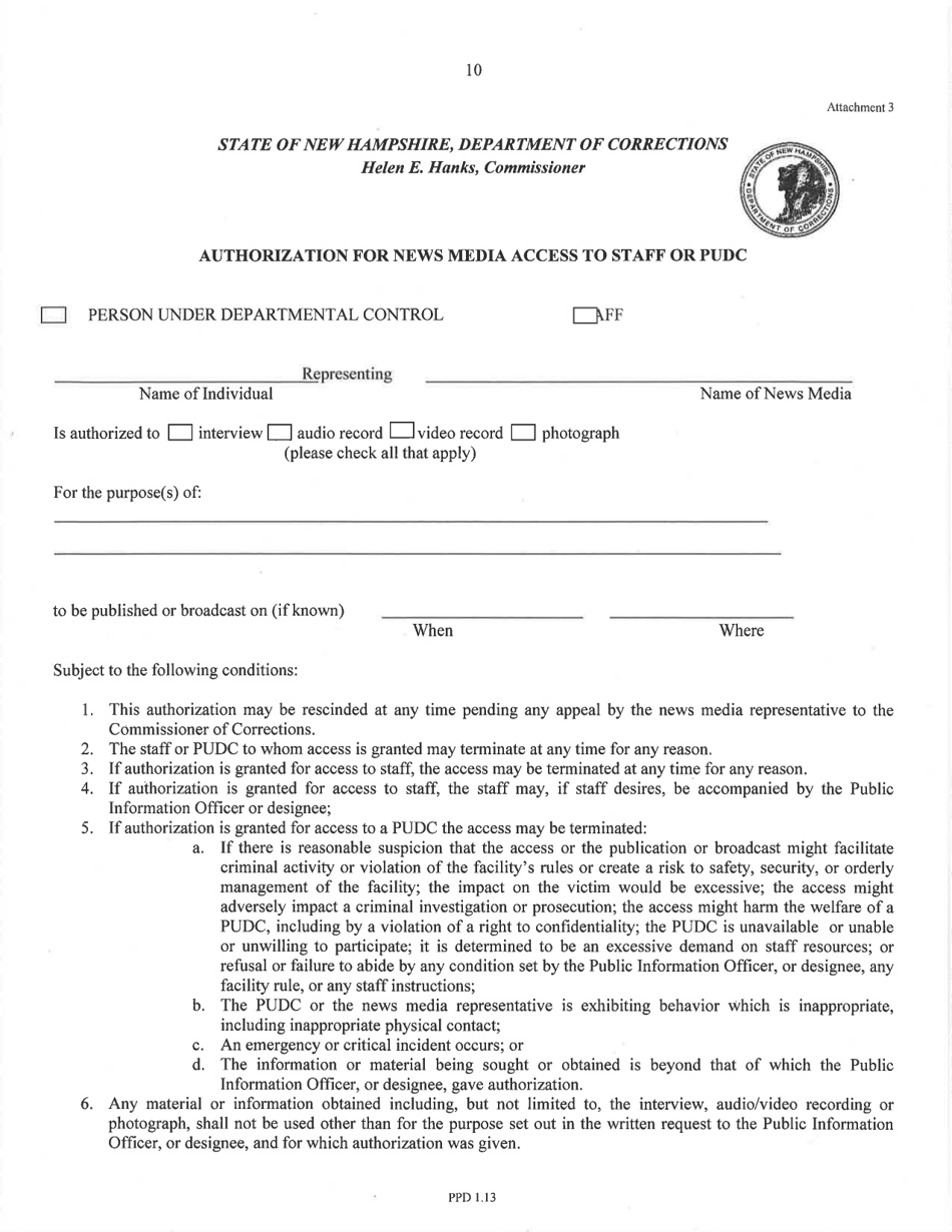 Attachment 3 Authorization for News Media Access to Staff or Pudc - New Hampshire, Page 1