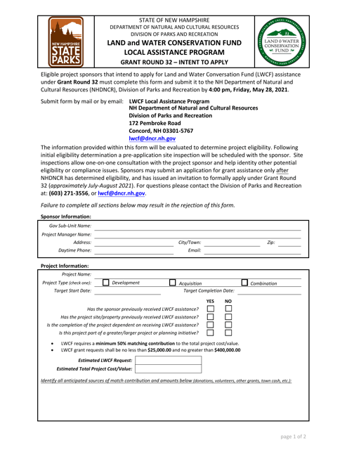 Grant Round 32 - Intent to Apply - Land and Water Conservation Fund Local Assistance Program - New Hampshire
