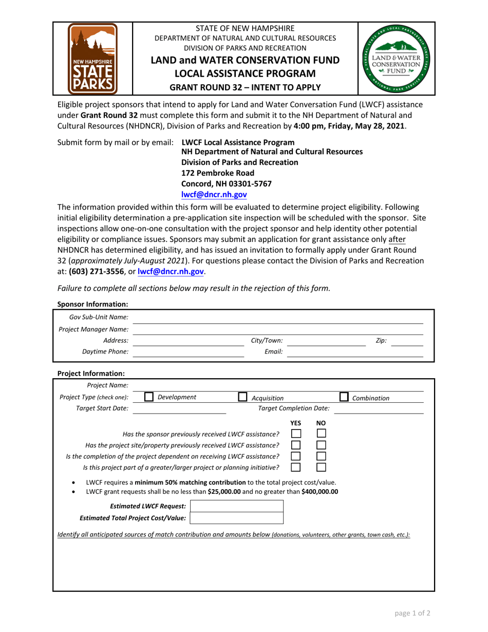 Grant Round 32 - Intent to Apply - Land and Water Conservation Fund Local Assistance Program - New Hampshire, Page 1
