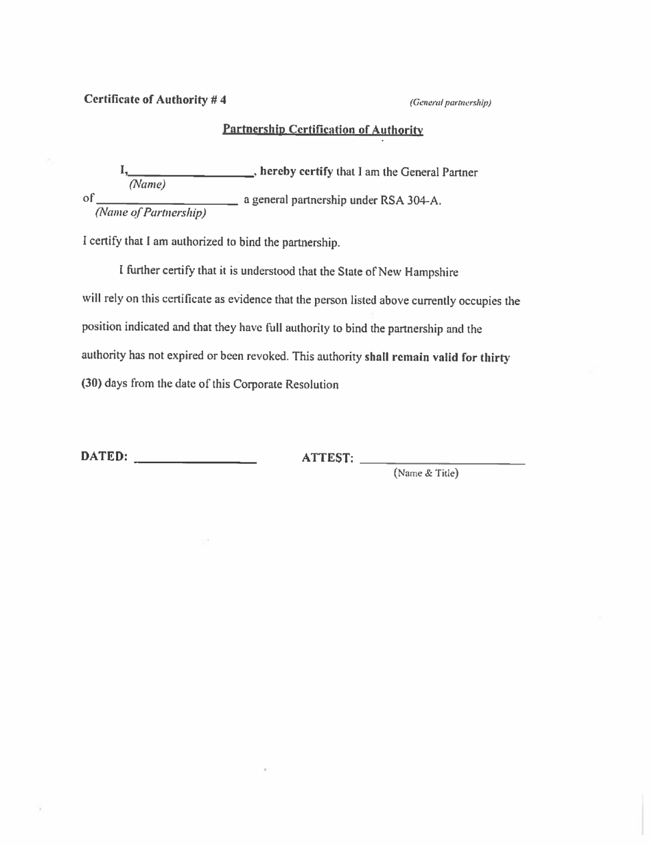 Partnership Certification of Authority (General Partnership) - New Hampshire, Page 1