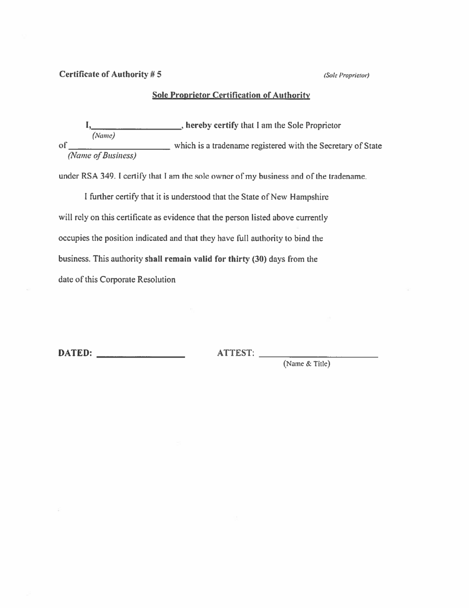 Sole Proprietor Certification of Authority - New Hampshire, Page 1