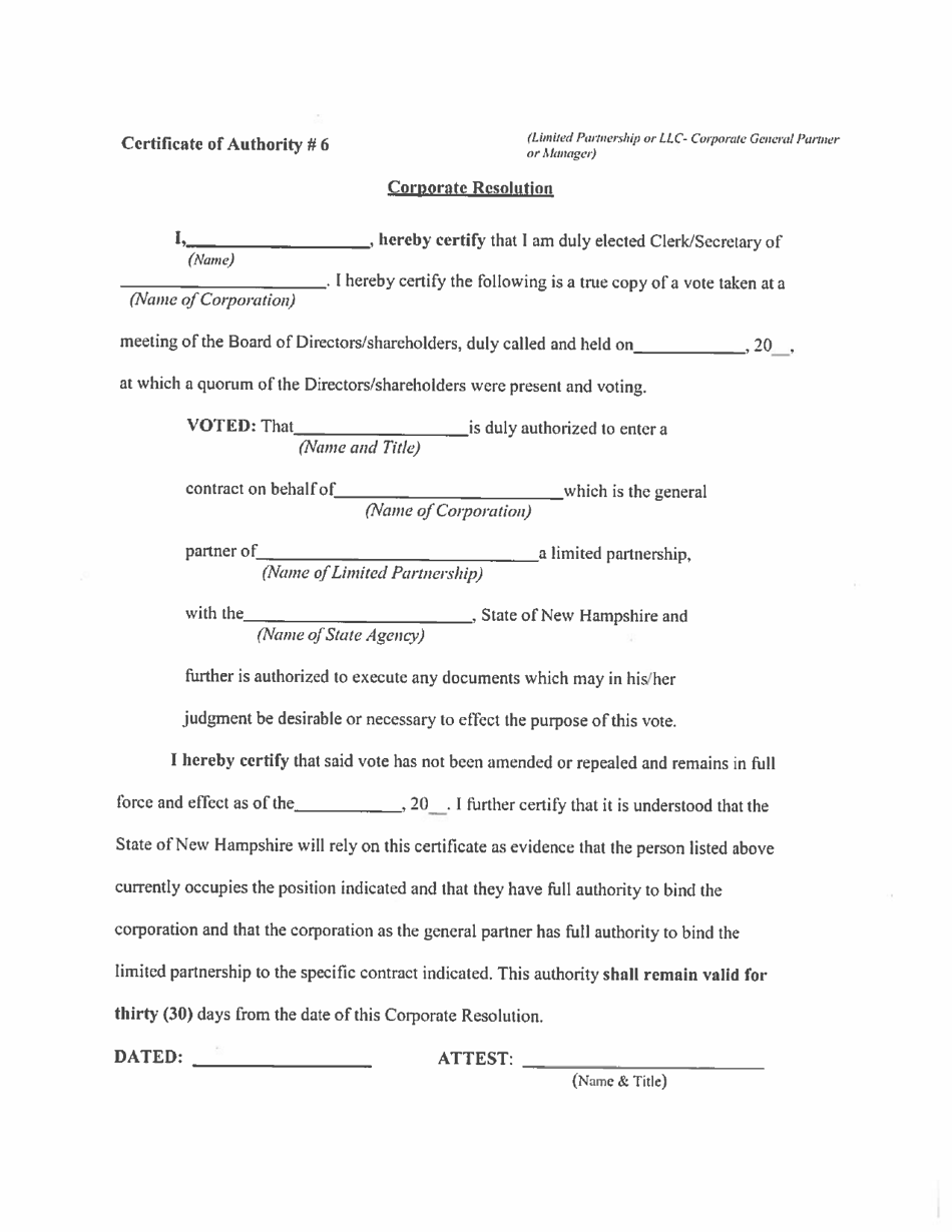 Corporate Resolution (Limited Partnership or LLC - Corporate General Partner or Manager) - New Hampshire, Page 1