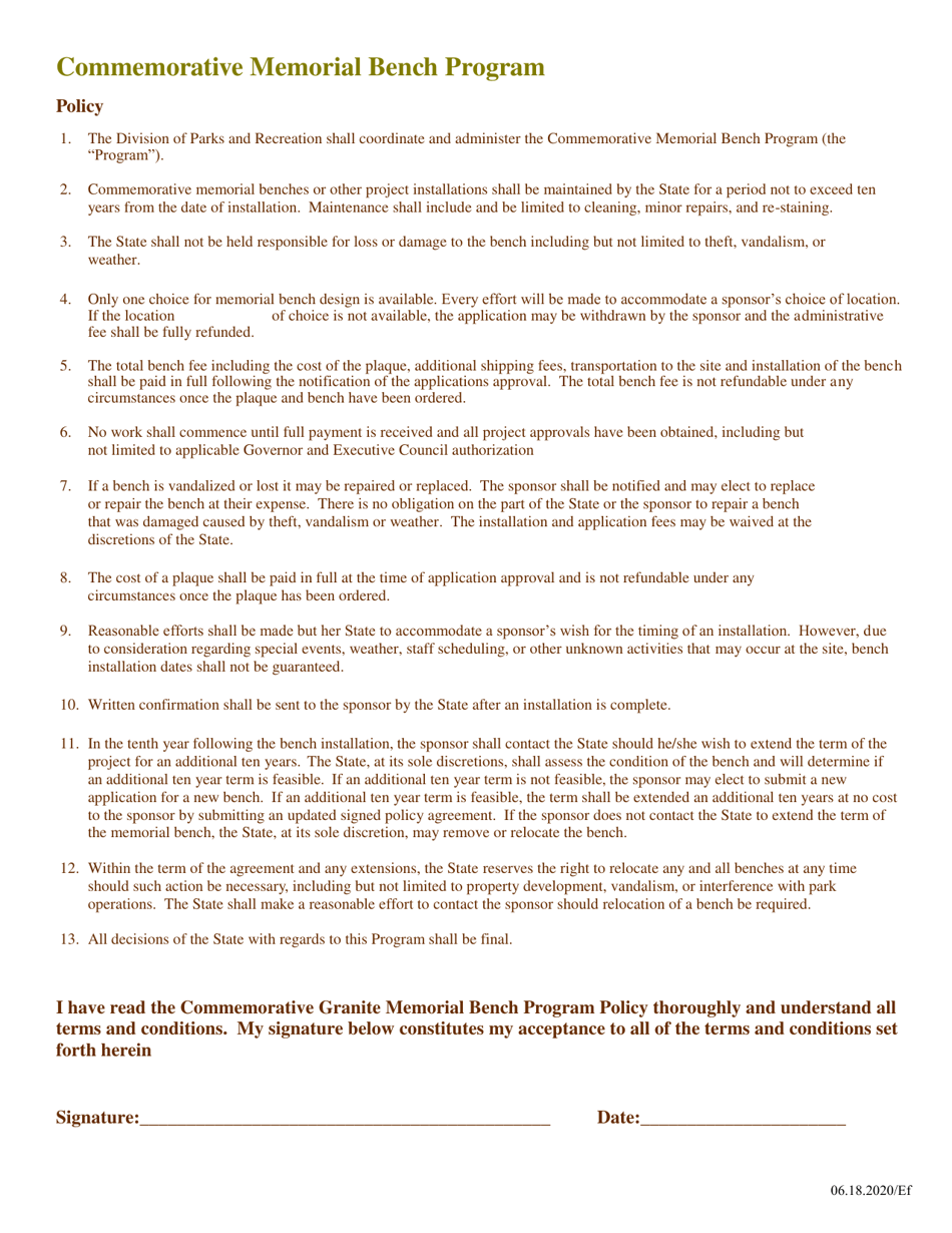 Commemorative Memorial Bench Program Application Form - New Hampshire, Page 2