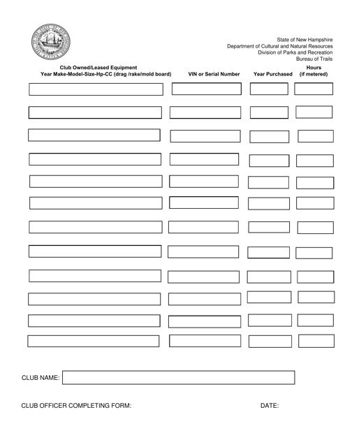 Equipment Inventory Form - Ohrv - New Hampshire