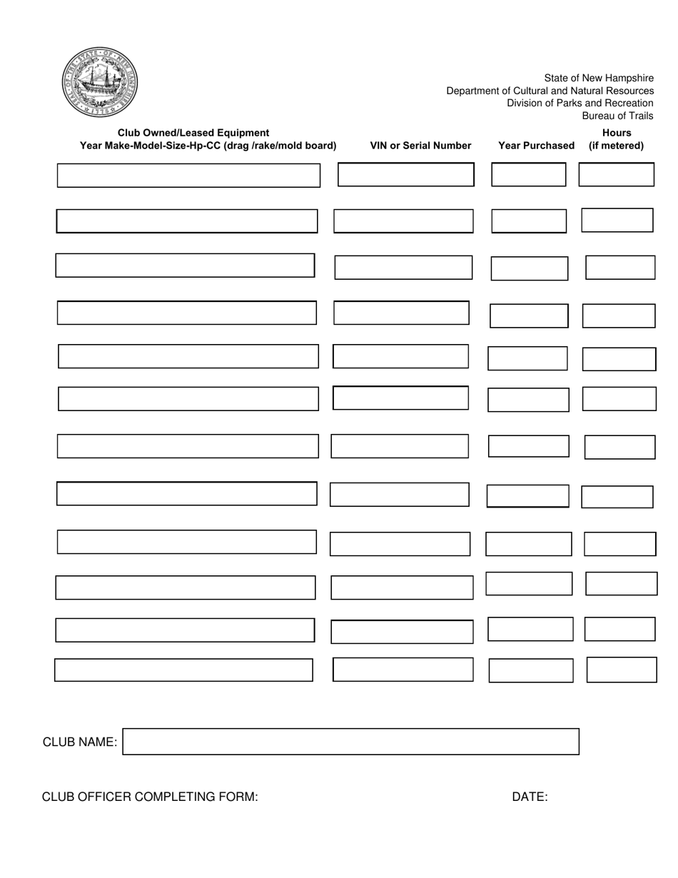 Equipment Inventory Form - Ohrv - New Hampshire, Page 1