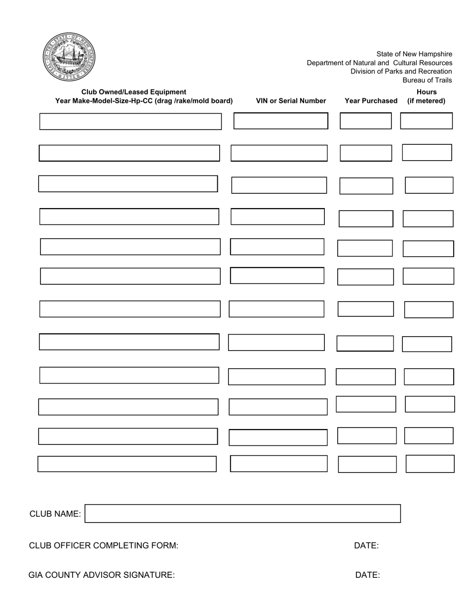 Equipment Inventory Form - Snowmobile - New Hampshire, Page 1