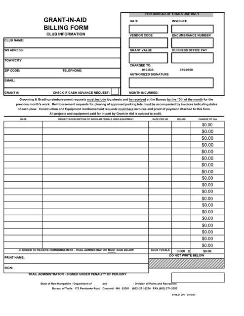 Grant-In-aid Billing Form - New Hampshire