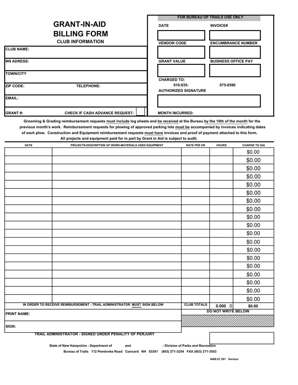 Grant-In-aid Billing Form - New Hampshire, Page 1