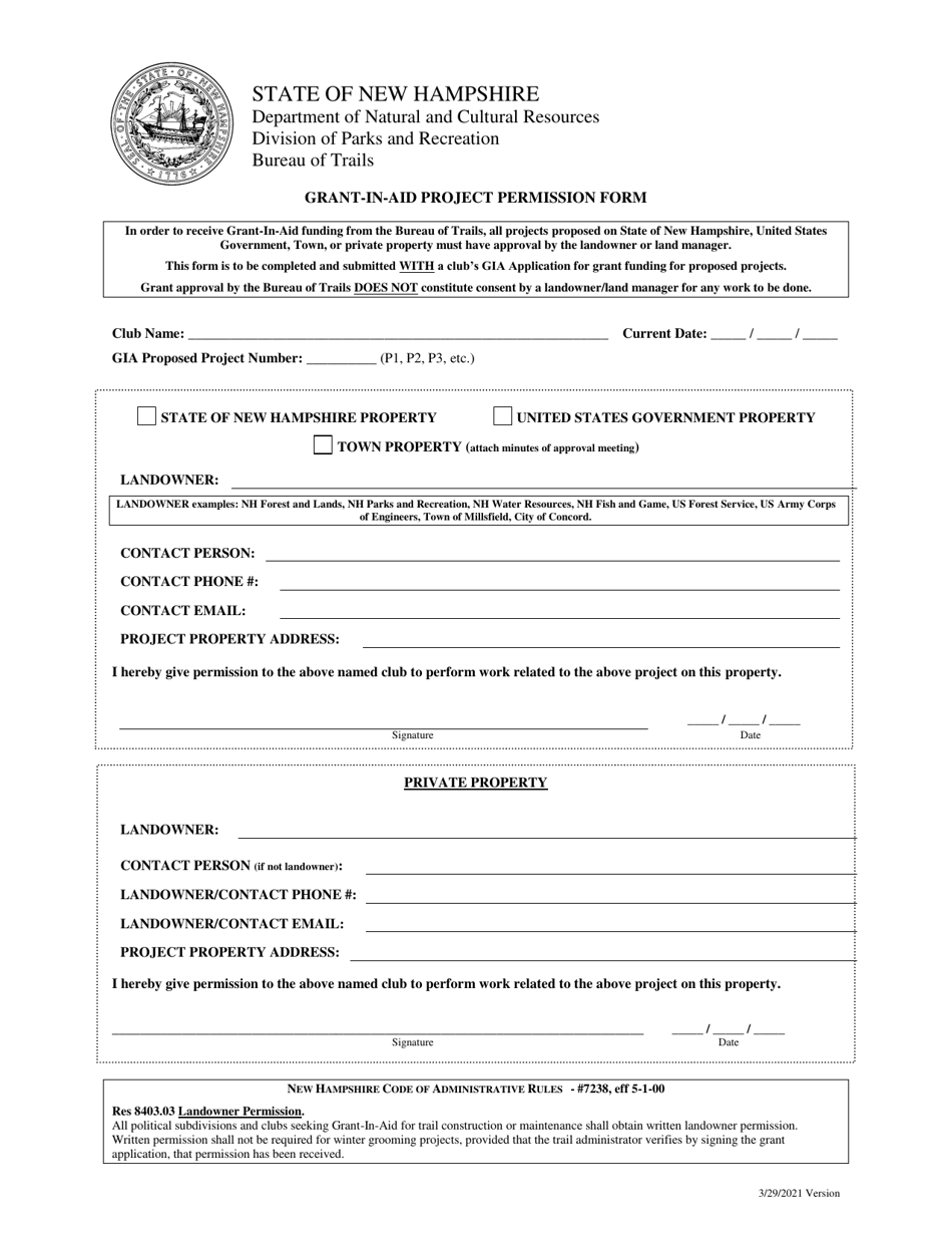 Grant-In-aid Project Permission Form - New Hampshire, Page 1