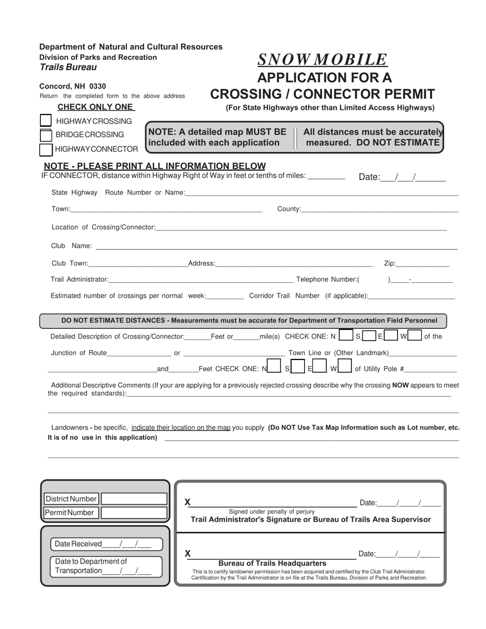 Snowmobile Application for a Crossing / Connector Permit (For State Highways Other Than Limited Access Highways) - New Hampshire, Page 1