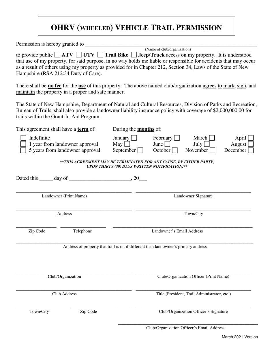 New Hampshire Ohrv (Wheeled) Vehicle Trail Permission Fill Out, Sign