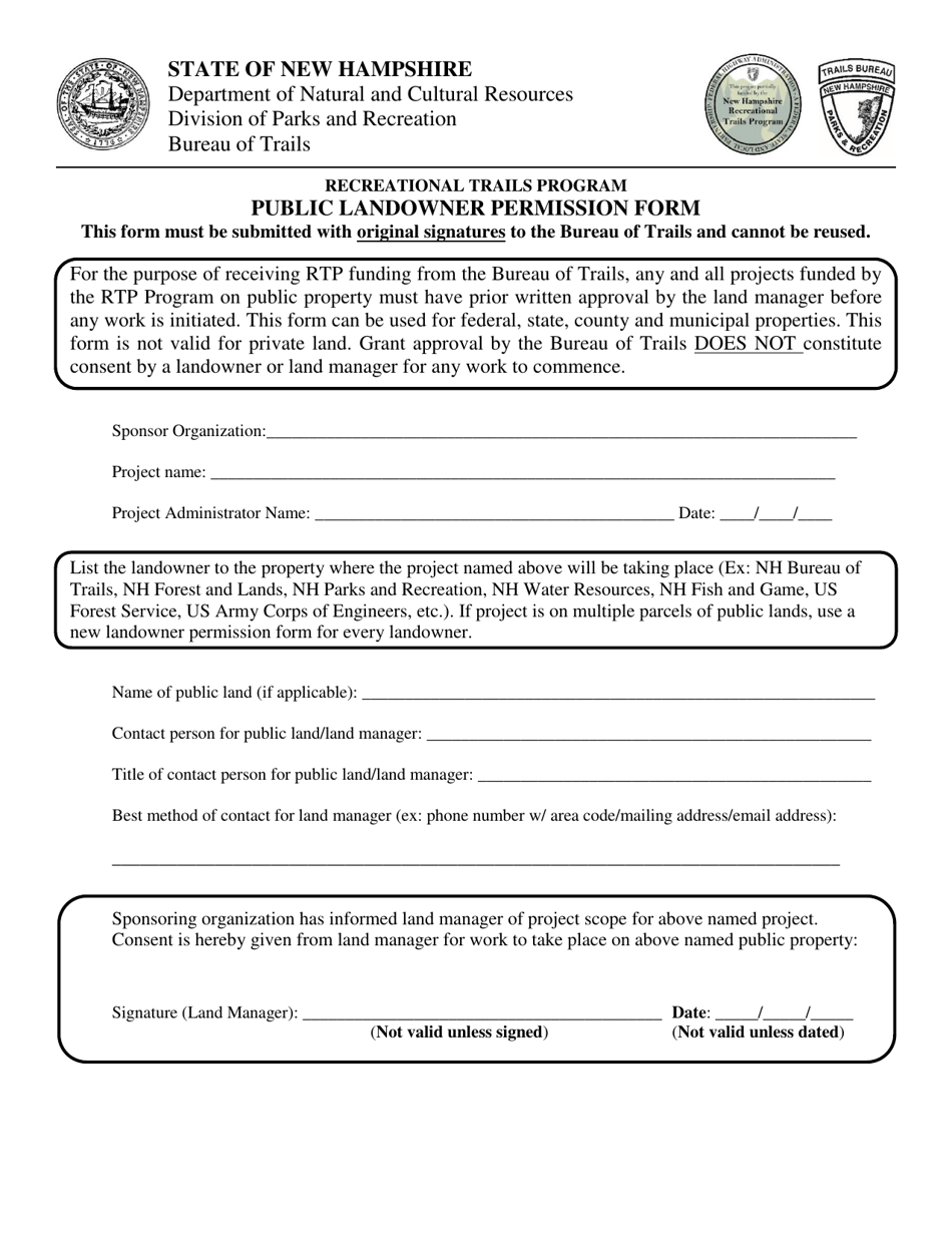 Recreational Trails Program Public Landowner Permission Form - New Hampshire, Page 1