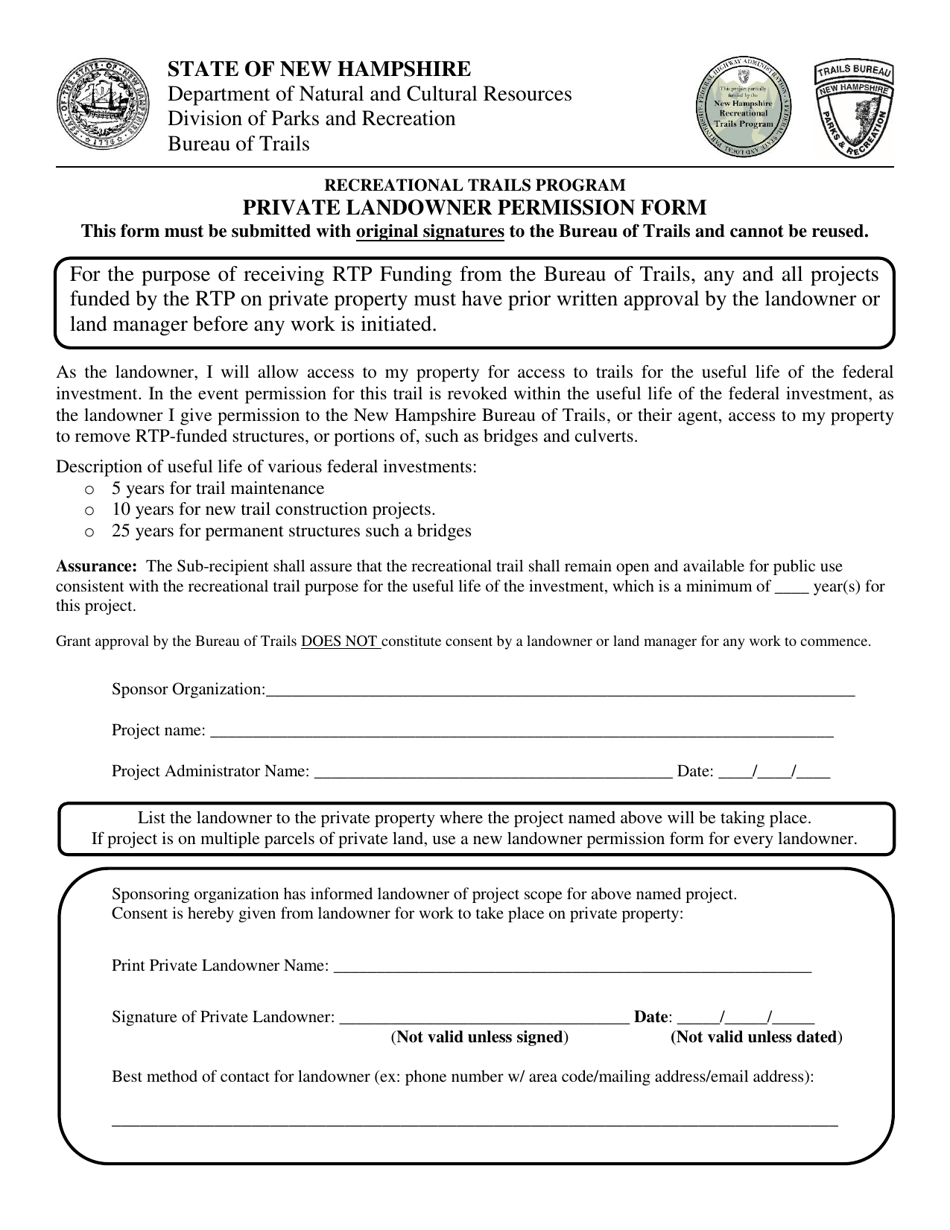 Recreational Trails Program Private Landowner Permission Form - New Hampshire, Page 1