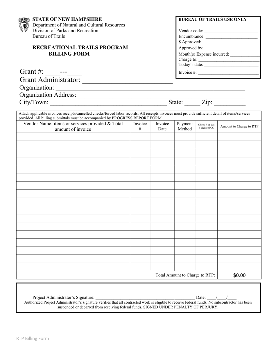 Recreational Trails Program Billing Form - New Hampshire, Page 1
