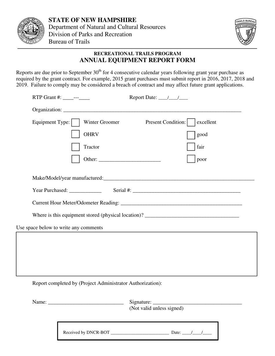 Recreational Trails Program Annual Equipment Report Form - New Hampshire, Page 1