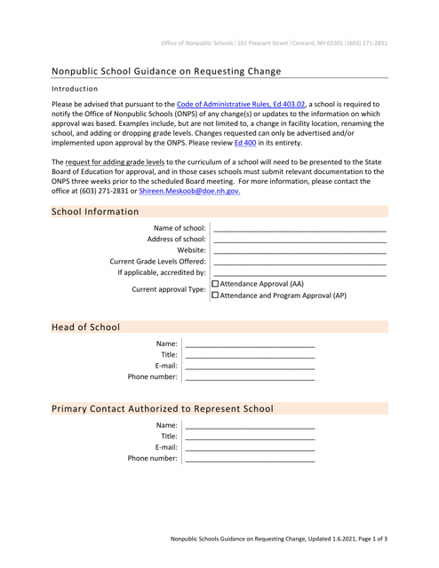 Nonpublic School Guidance on Requesting Change - New Hampshire Download Pdf