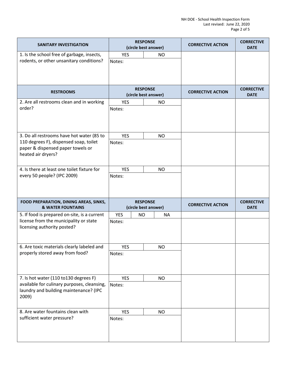 School Health Inspection Form - New Hampshire, Page 2