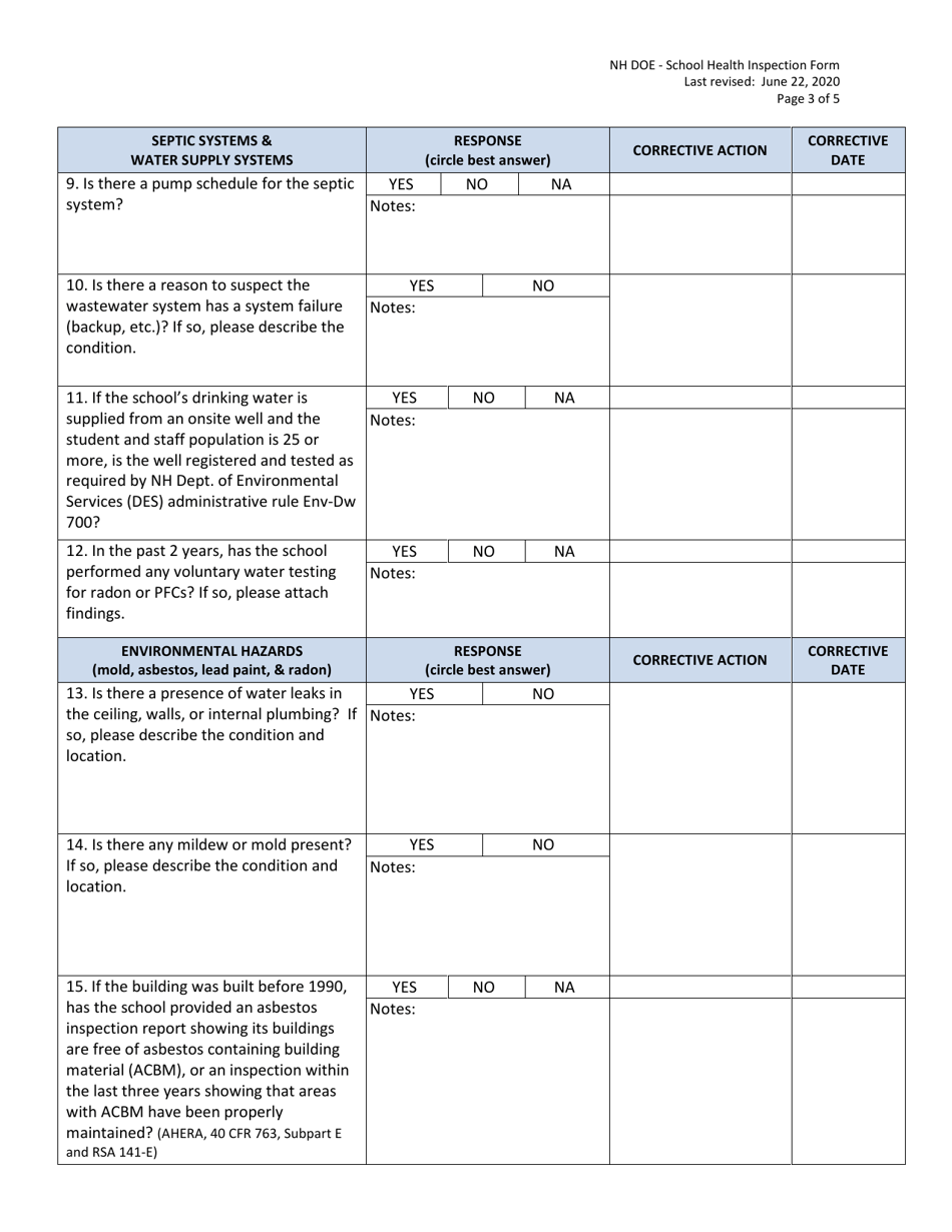 School Health Inspection Form - New Hampshire, Page 3