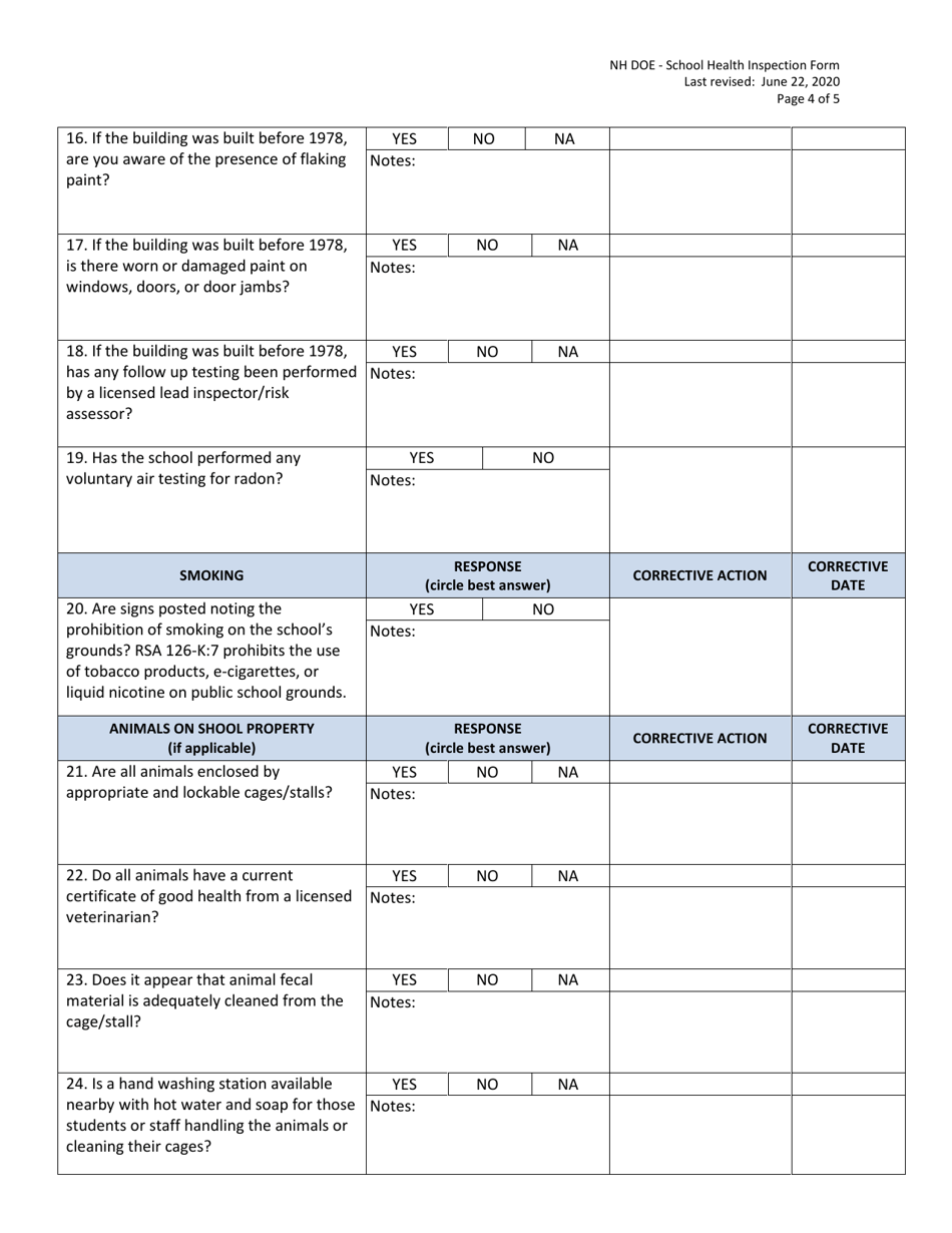 School Health Inspection Form - New Hampshire, Page 4