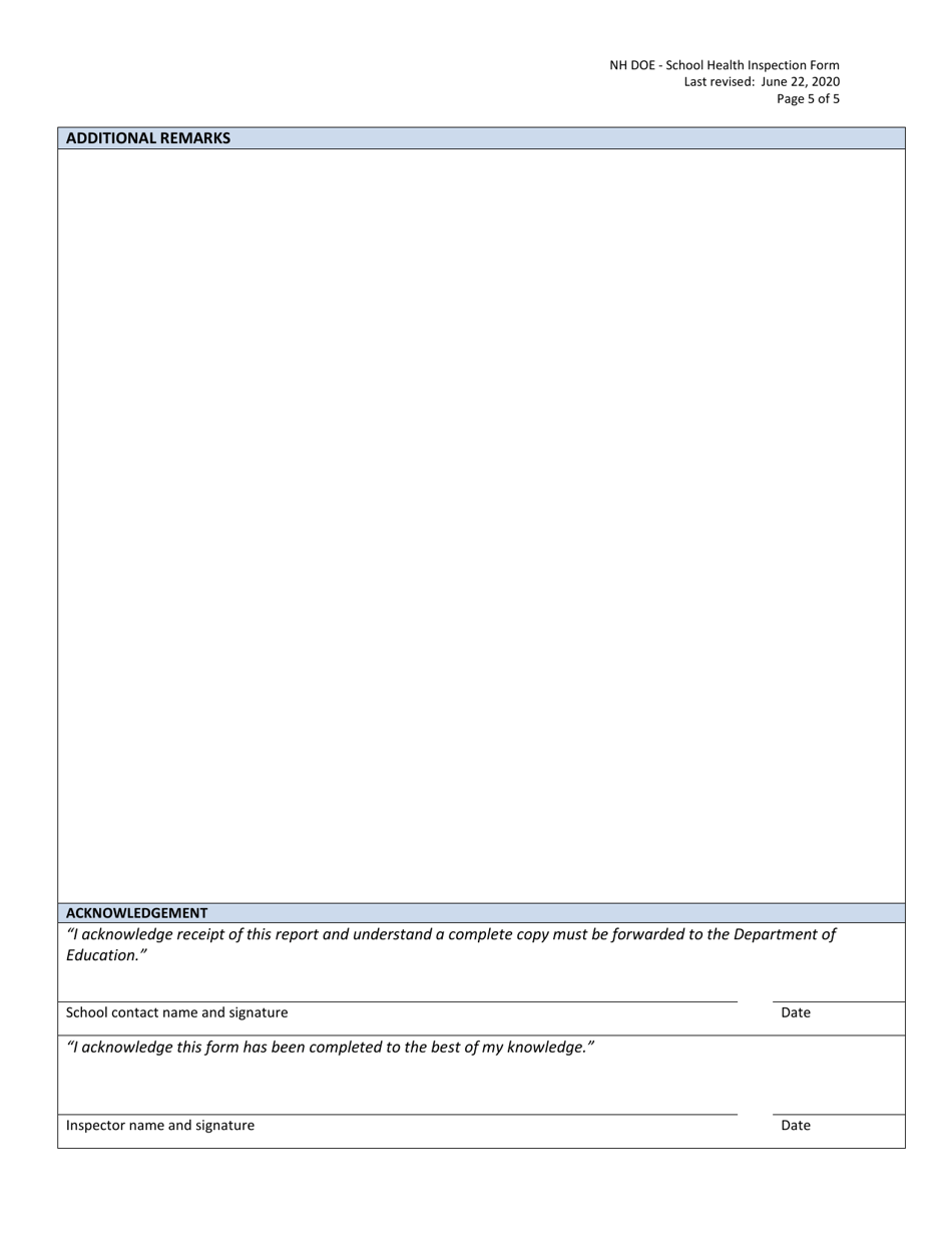 School Health Inspection Form - New Hampshire, Page 5