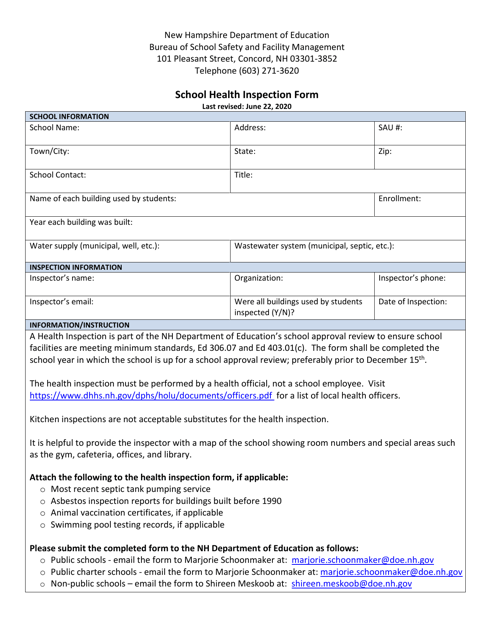 School Health Inspection Form - New Hampshire Download Pdf