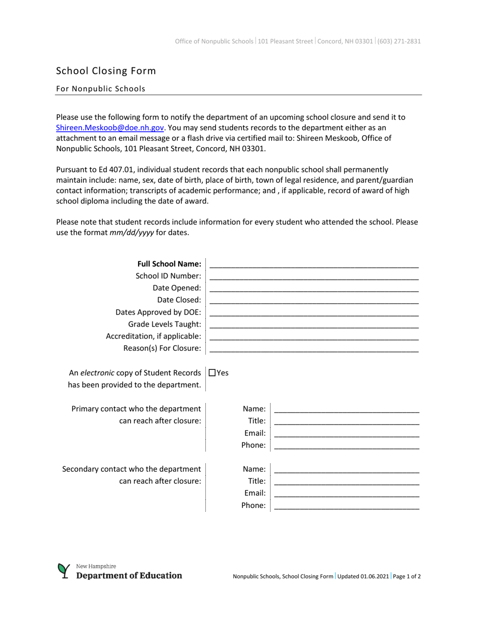 School Closing Form for Nonpublic Schools - New Hampshire, Page 1