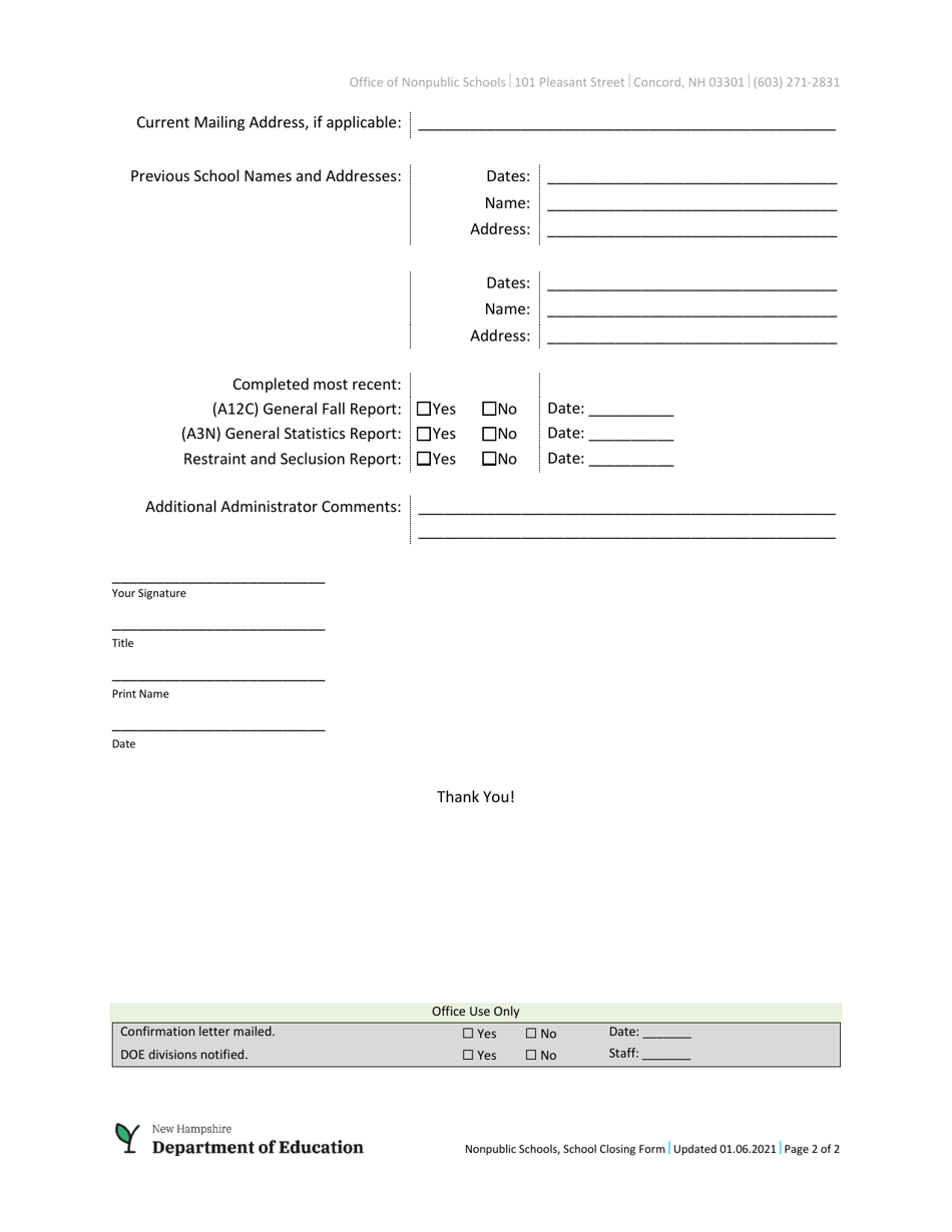 School Closing Form for Nonpublic Schools - New Hampshire, Page 2