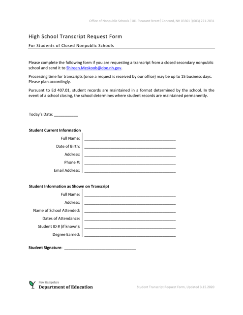 High School Transcript Request Form for Students of Closed Nonpublic Schools - New Hampshire Download Pdf