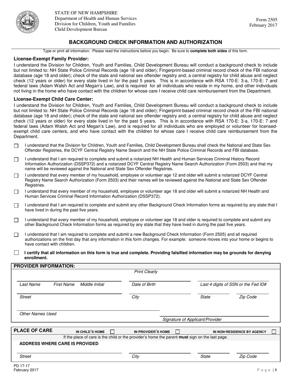Form 2505 Background Check Information and Authorization - New Hampshire, Page 1