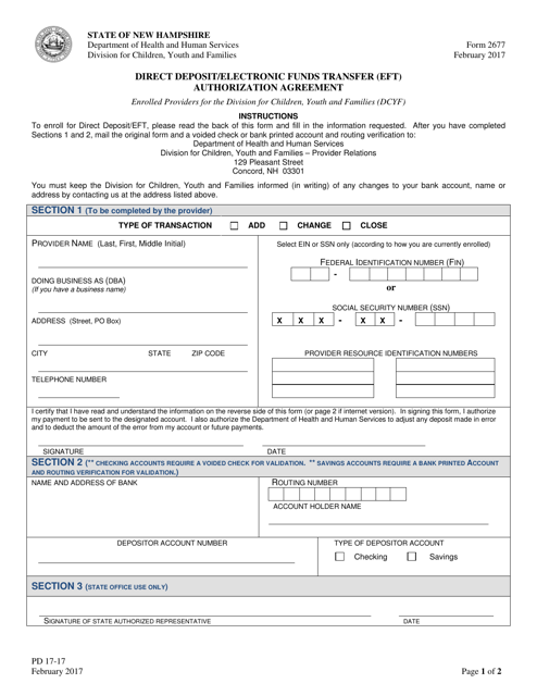 Form 2677 Direct Deposit/Electronic Funds Transfer (Eft) Authorization Agreement - New Hampshire