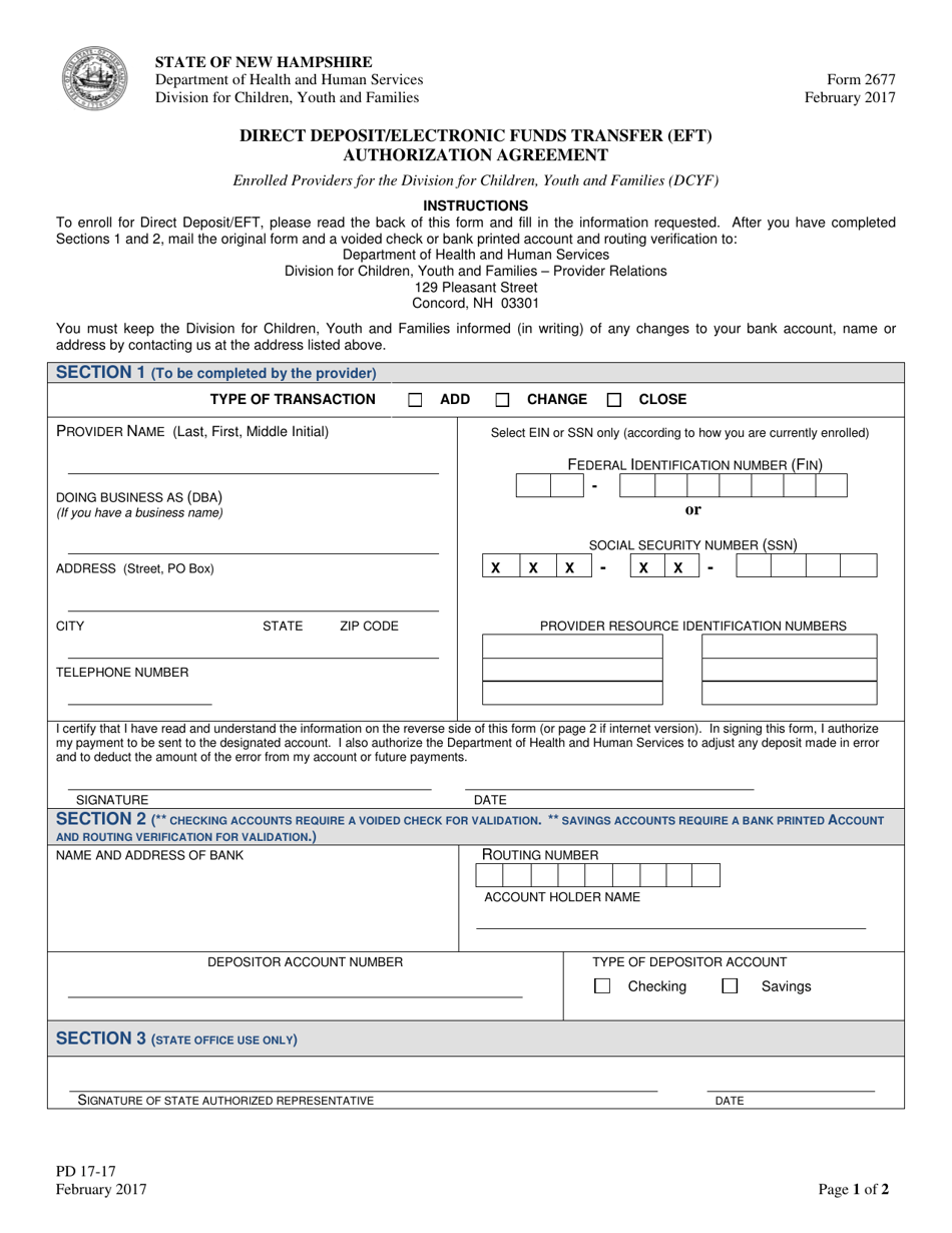 Form 2677 Direct Deposit / Electronic Funds Transfer (Eft) Authorization Agreement - New Hampshire, Page 1
