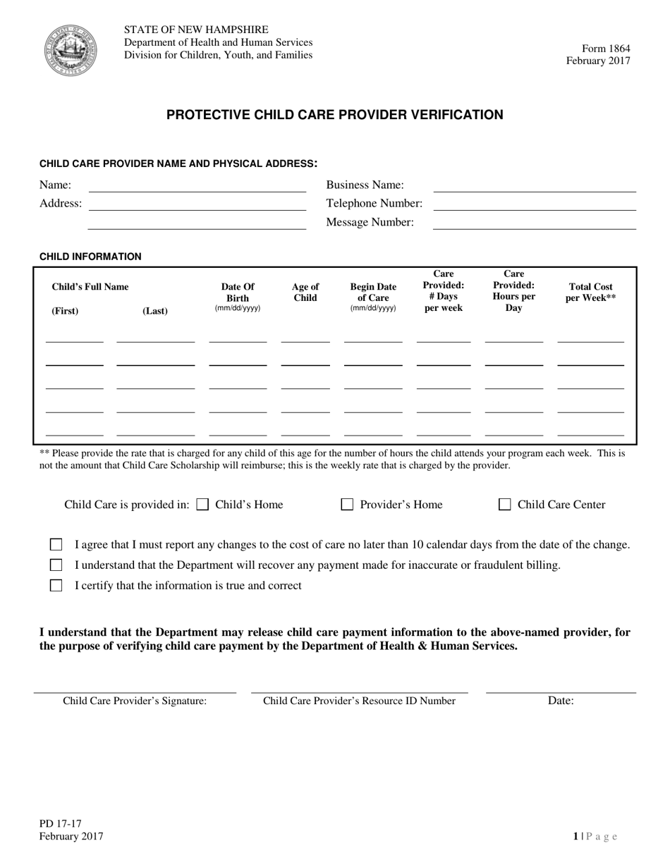 Form 1864 Protective Child Care Provider Verification - New Hampshire, Page 1