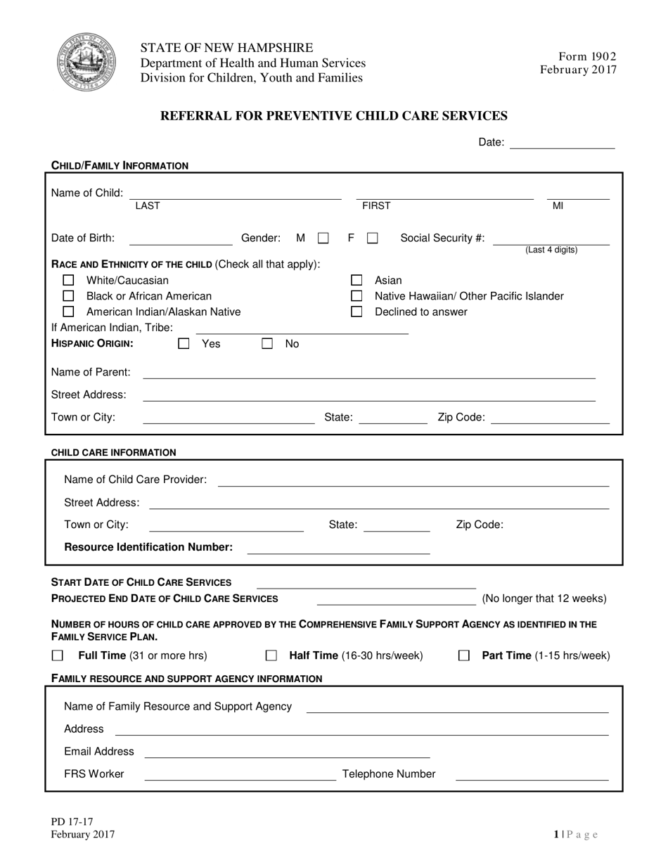 Form 1902 Referral for Preventive Child Care Services - New Hampshire, Page 1