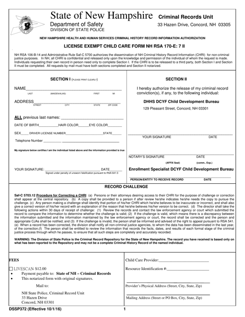 Form DSSP372 License Exempt Child Care Form - New Hampshire