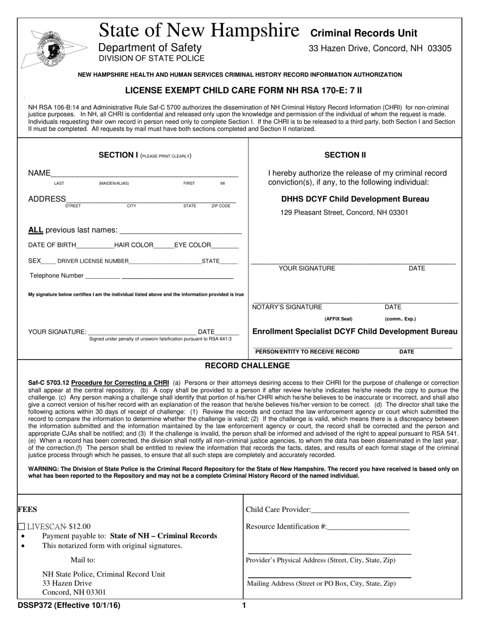 Form DSSP372 License Exempt Child Care Form - New Hampshire, Page 1