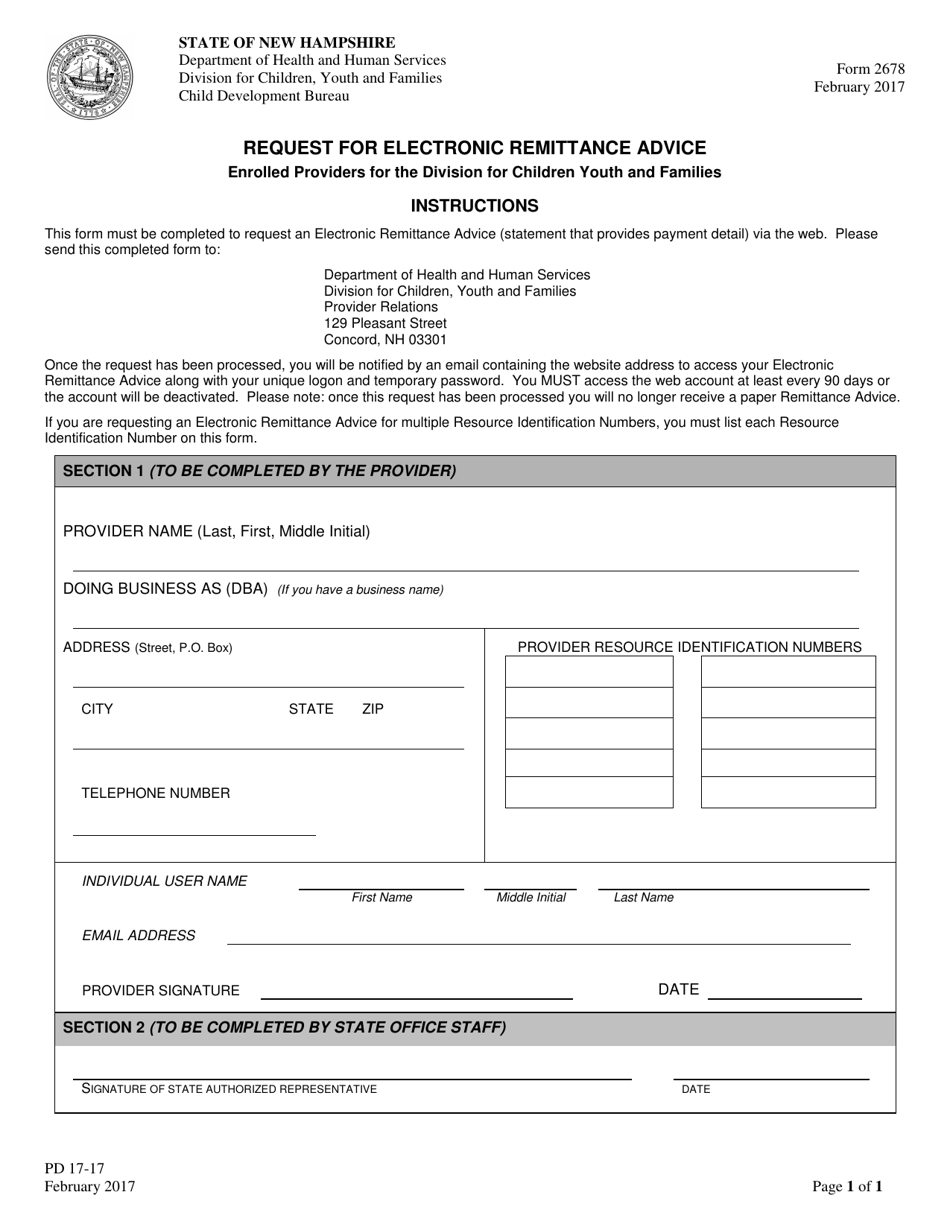 Form 2678 Request for Electronic Remittance Advice - New Hampshire, Page 1