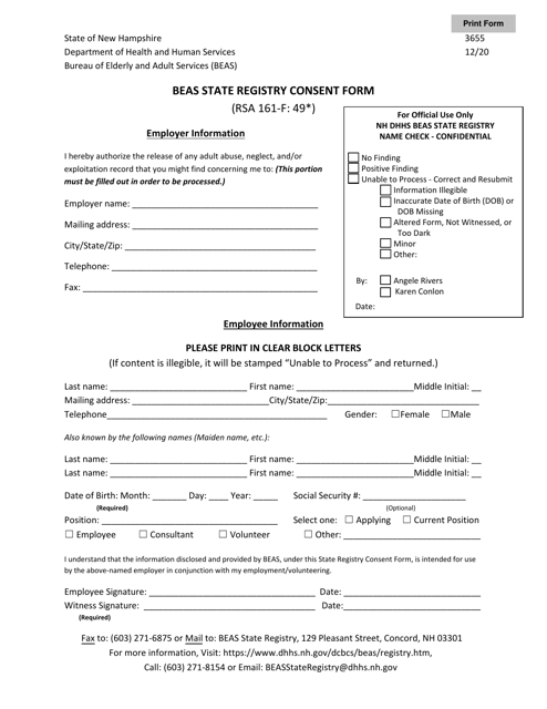 Form 3655 Beas State Registry Consent Form - New Hampshire