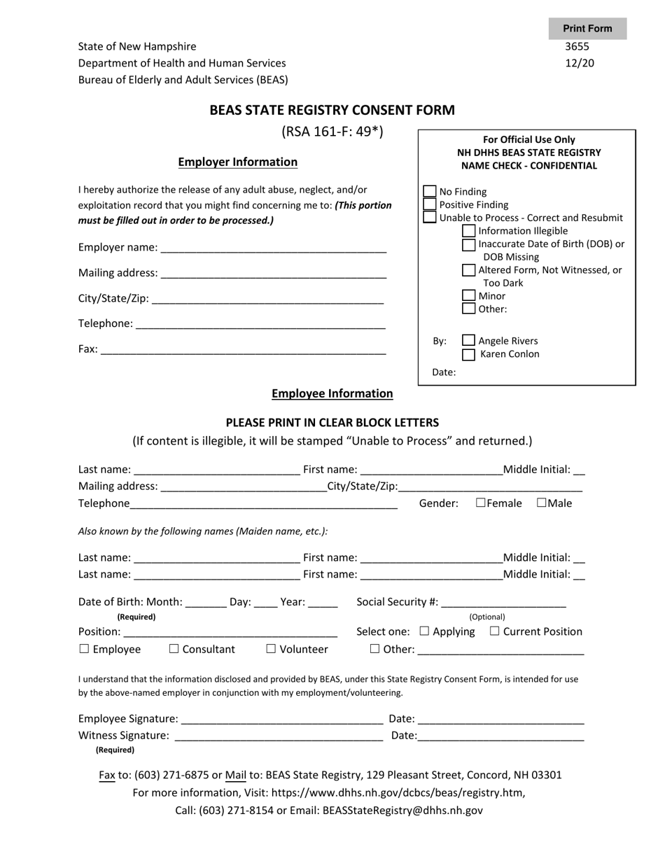 Form 3655 Beas State Registry Consent Form - New Hampshire, Page 1