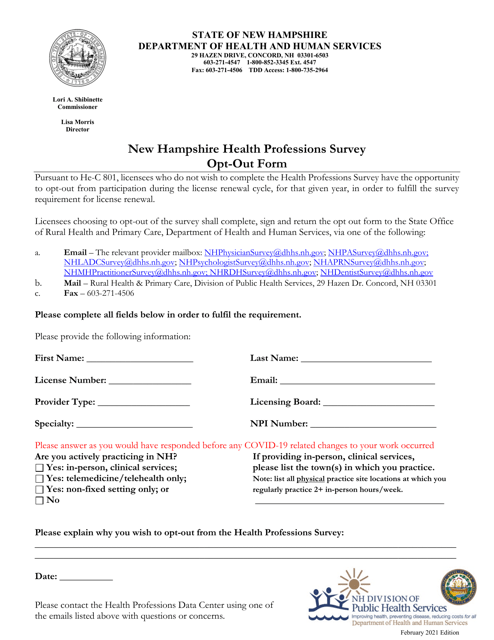 New Hampshire Health Professions Survey Opt-Out Form - New Hampshire Download Pdf