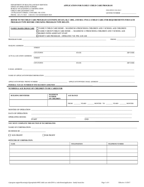 Application for Family Child Care Program - New Hampshire Download Pdf