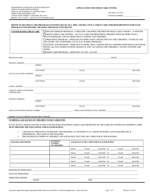 Application for Child Care Center - New Hampshire Download Pdf