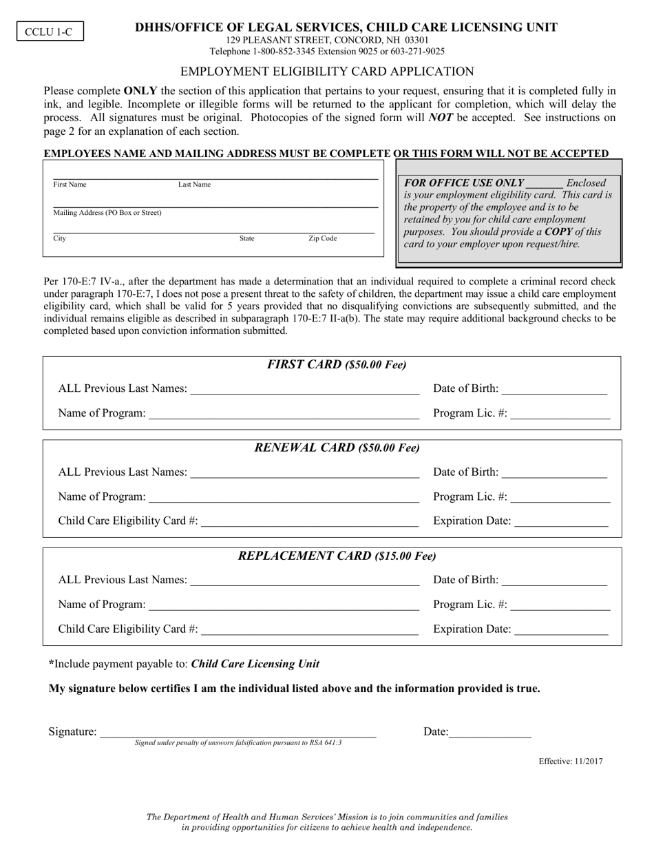 Form CCLU1-C Employment Eligibility Card Application - New Hampshire, Page 1