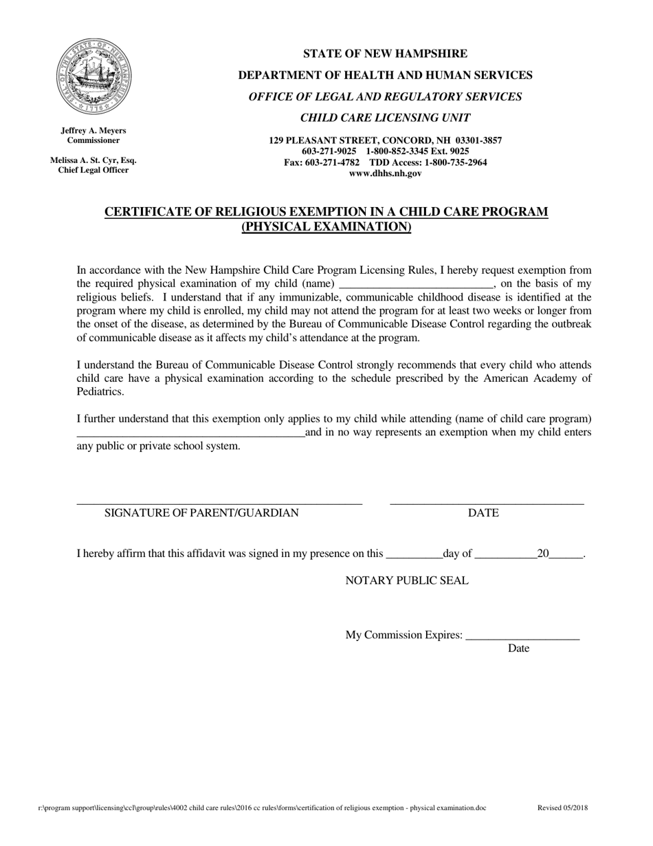 Certificate of Religious Exemption in a Child Care Program (Physical Examination) - New Hampshire, Page 1