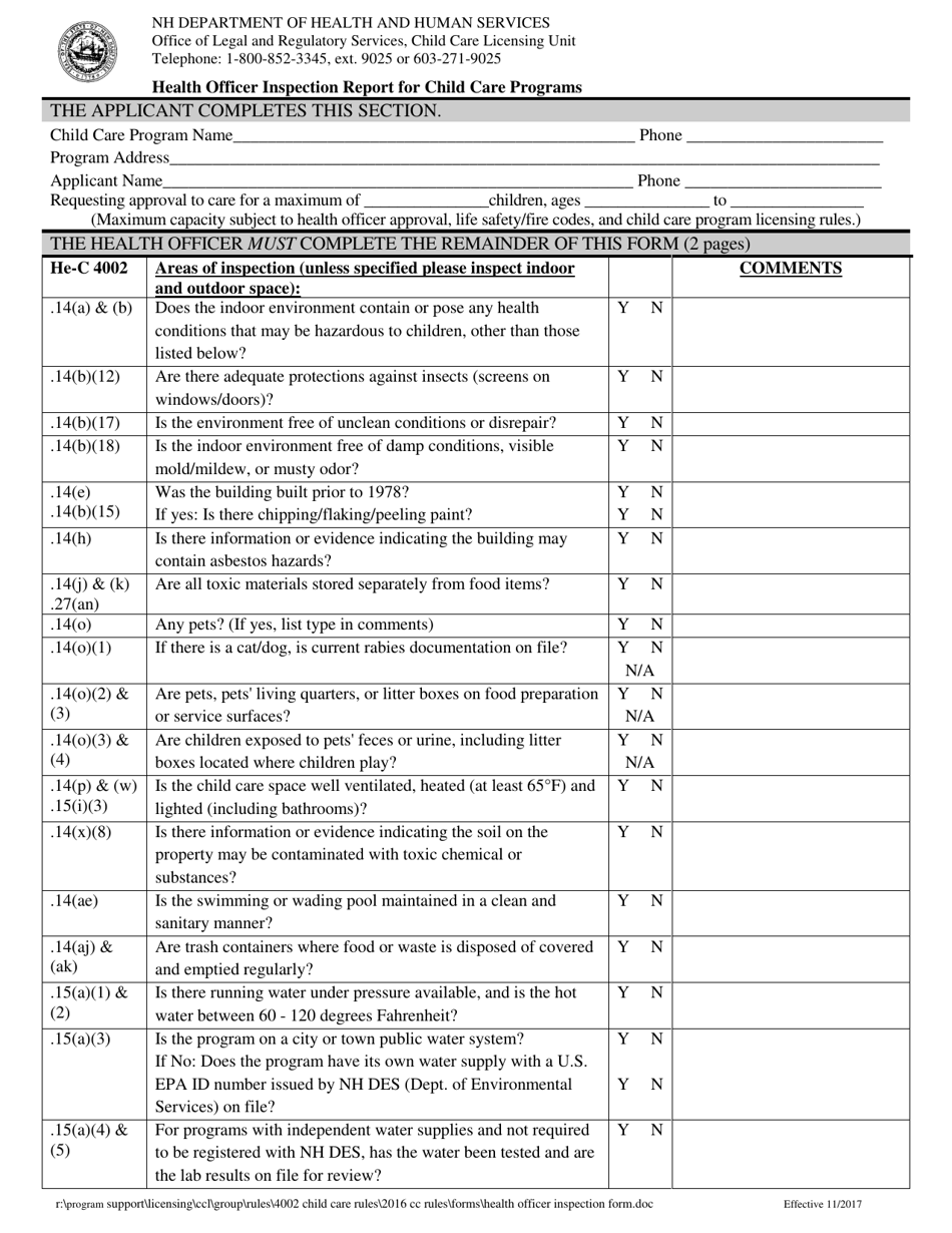 New Hampshire Health Officer Inspection Report for Child Care Programs ...