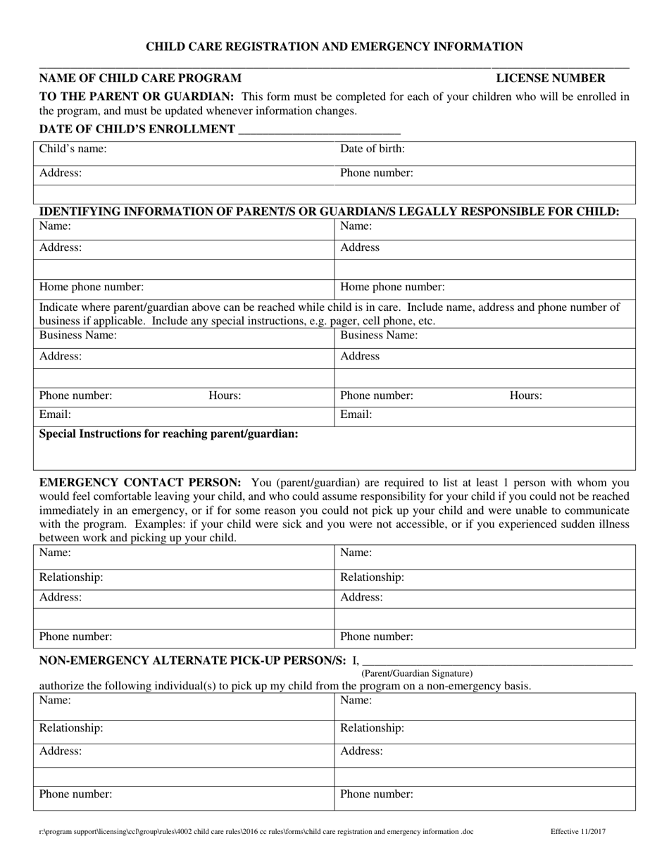 New Hampshire Child Care Registration and Emergency Information Fill