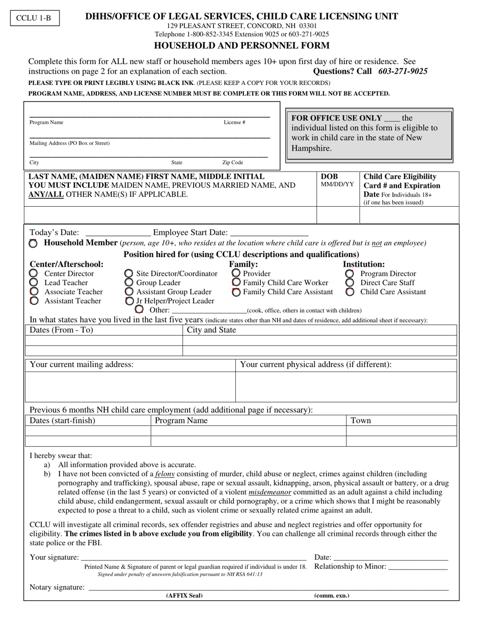 Form CCLU1-B Household and Personnel Form - New Hampshire, Page 1