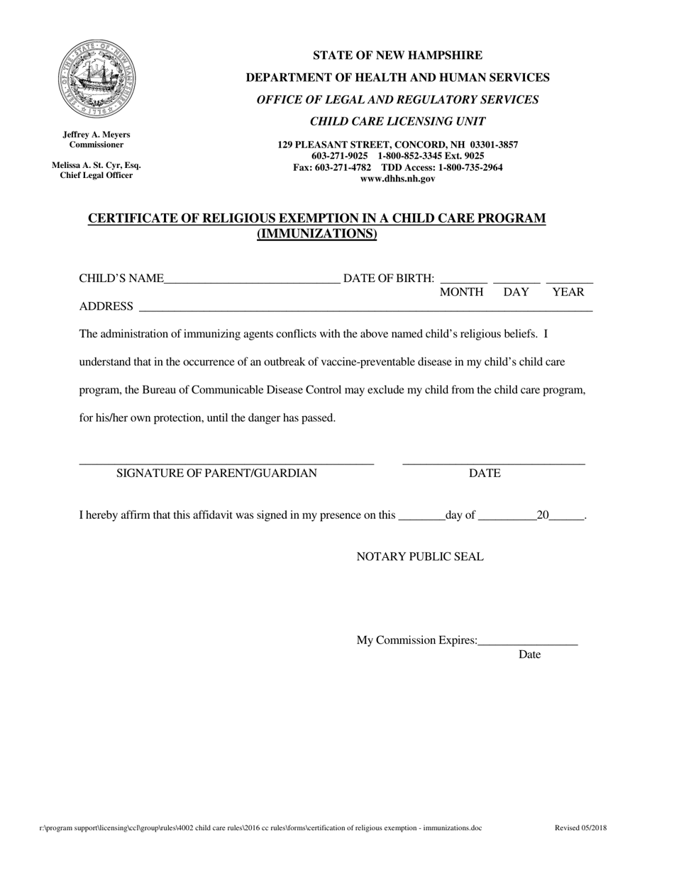 Certificate of Religious Exemption in a Child Care Program (Immunizations) - New Hampshire, Page 1