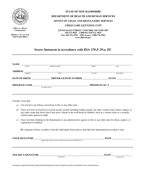 Sworn Statement in Accordance With Rsa 170-e 29-a, Iii - New Hampshire Download Pdf
