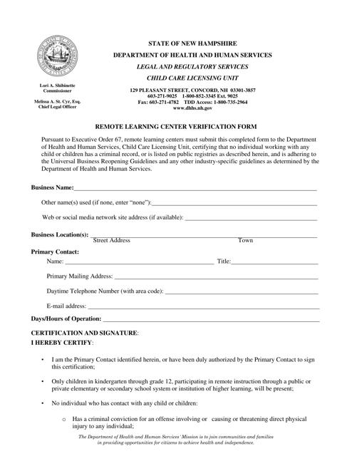 Remote Learning Center Verification Form - New Hampshire Download Pdf