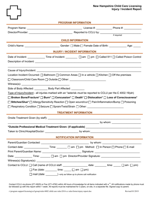 Injury/Incident Report - New Hampshire